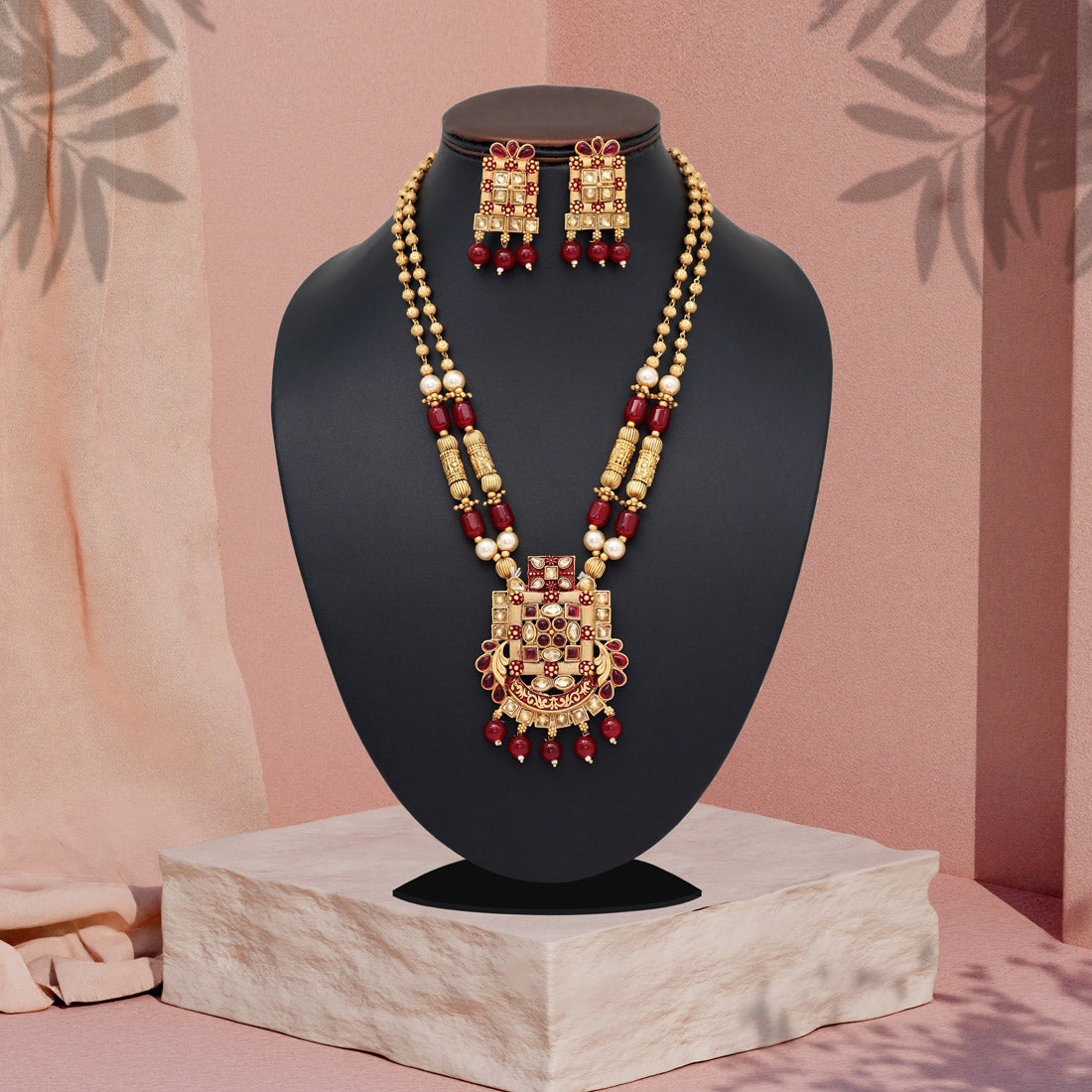 Maroon Color Matte Gold Rajwadi Temple Necklace Set (TPLN666MRN)