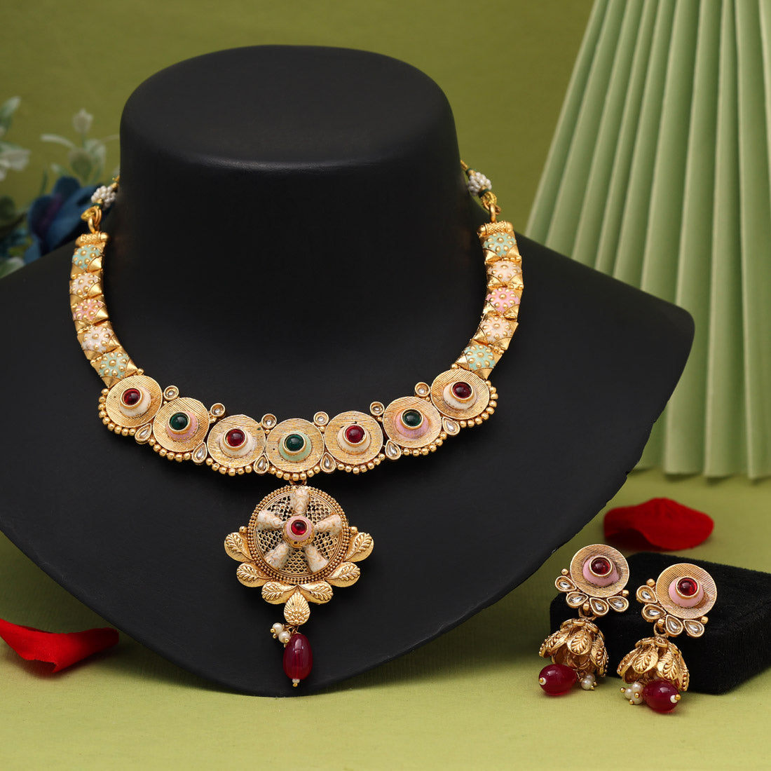 Rani & Green Color Meena Work Matte Gold Rajwadi Temple Necklace Set (TPLN671RNIGRN)