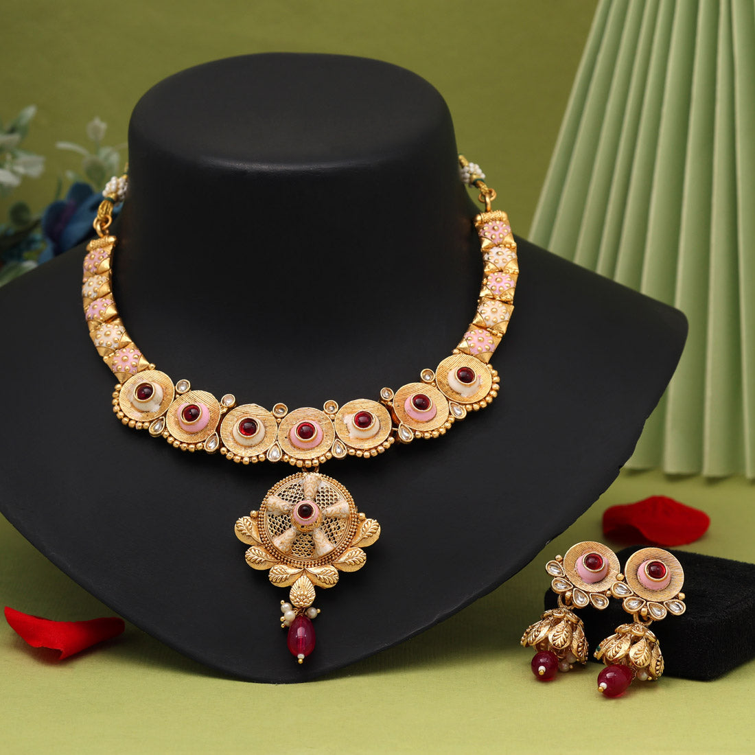 Rani Color Meena Work Matte Gold Rajwadi Temple Necklace Set (TPLN671RNI) Jewellery GetGlit