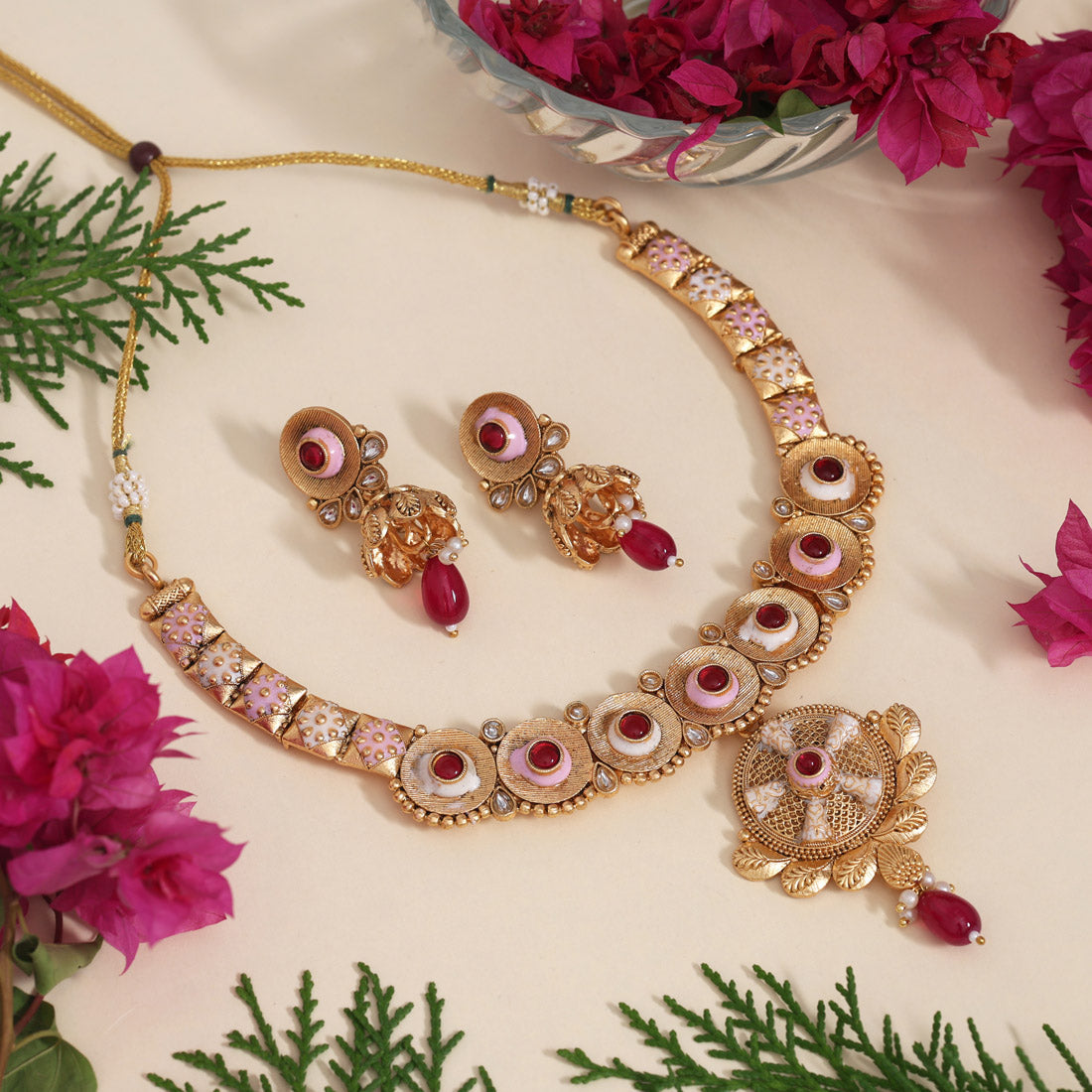 Rani Color Meena Work Matte Gold Rajwadi Temple Necklace Set (TPLN671RNI) Jewellery GetGlit