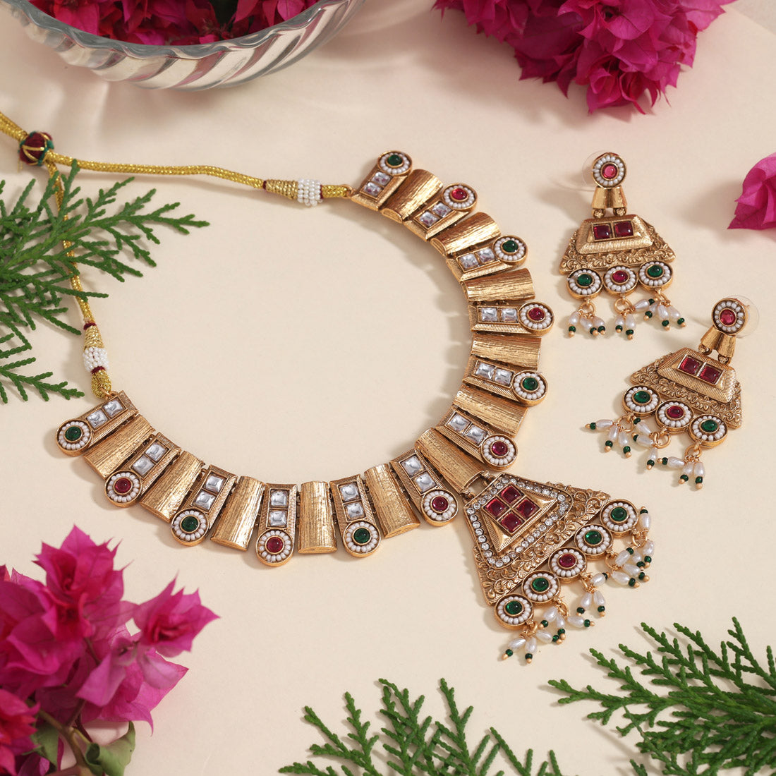 Rani & Green Color Matte Gold Rajwadi Temple Necklace Set (TPLN672RNIGRN) Jewellery GetGlit