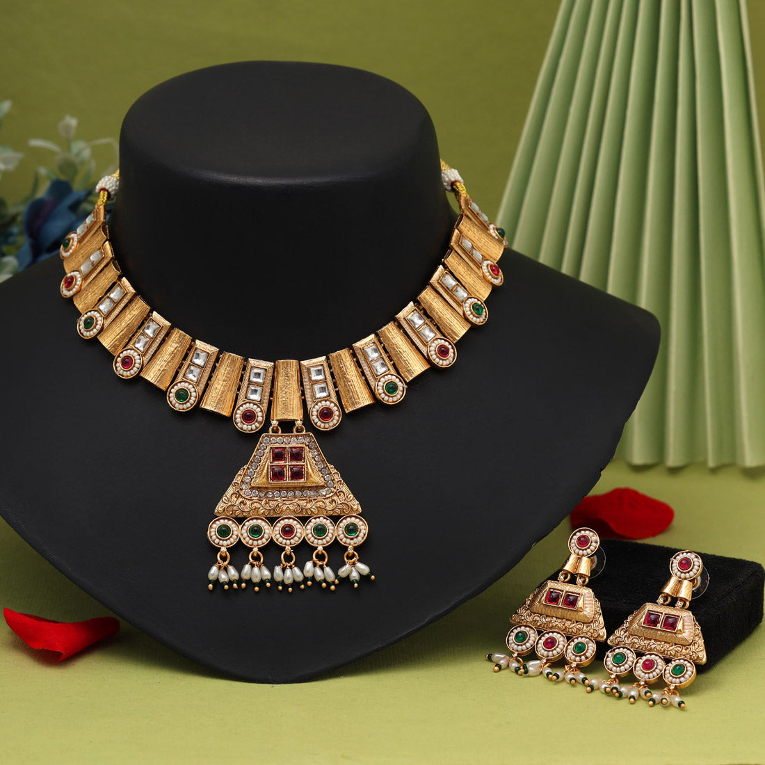 Rani & Green Color Matte Gold Rajwadi Temple Necklace Set (TPLN672RNIGRN) Jewellery GetGlit