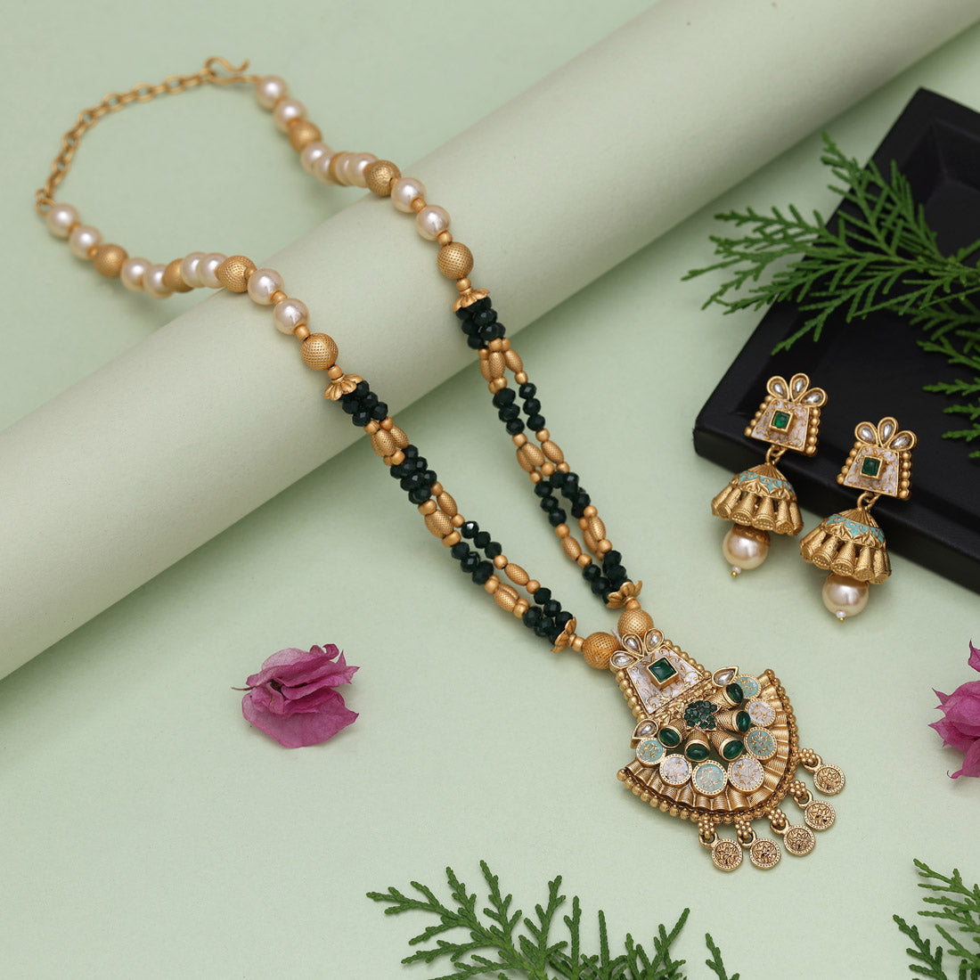 Green Color Meena Work Matte Gold Rajwadi Temple Necklace Set (TPLN675GRN) Jewellery GetGlit