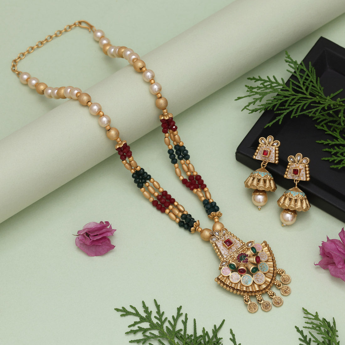 Maroon & Green Color Meena Work Matte Gold Rajwadi Temple Necklace Set (TPLN675MG) Jewellery GetGlit