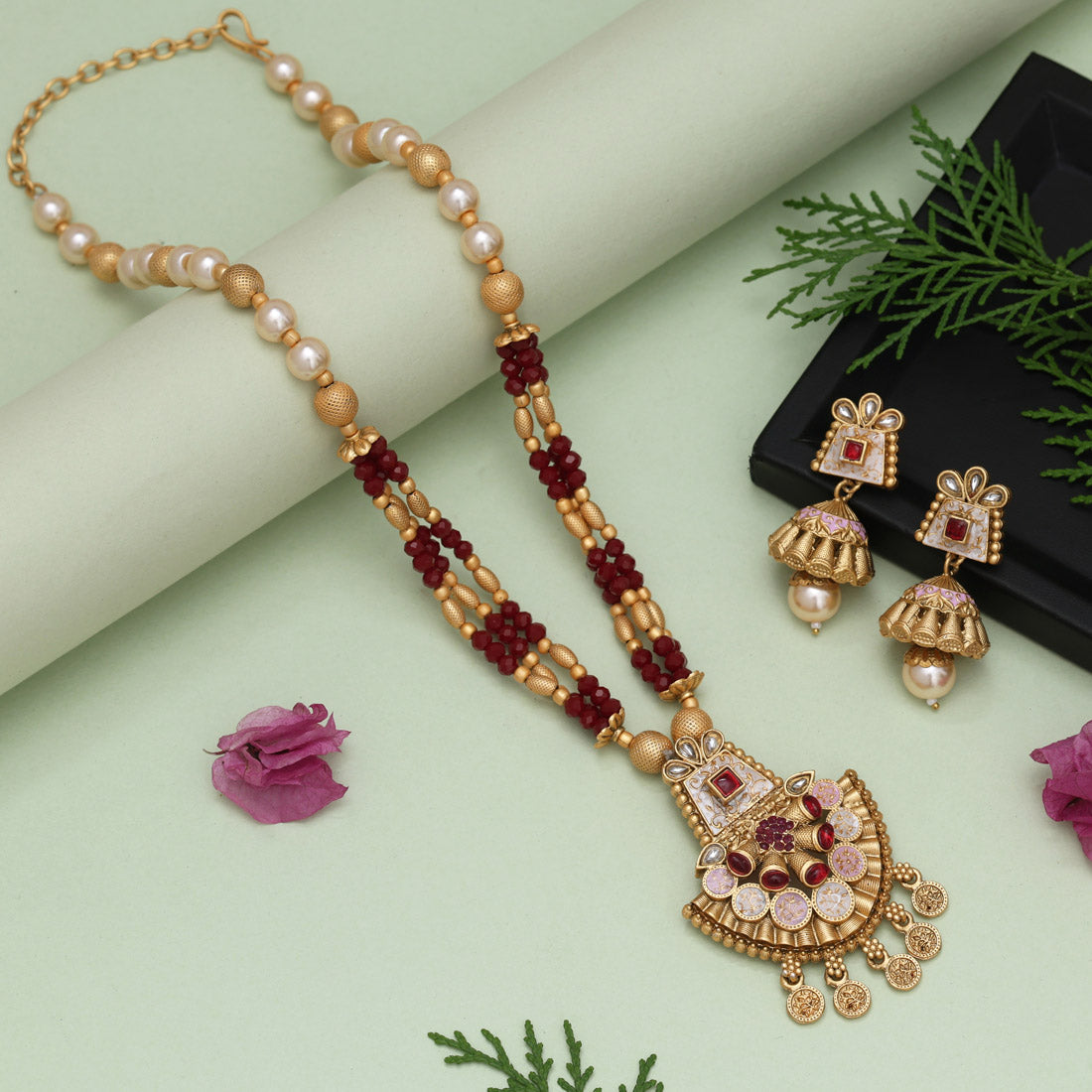 Maroon Color Meena Work Matte Gold Rajwadi Temple Necklace Set (TPLN675MRN) Jewellery GetGlit