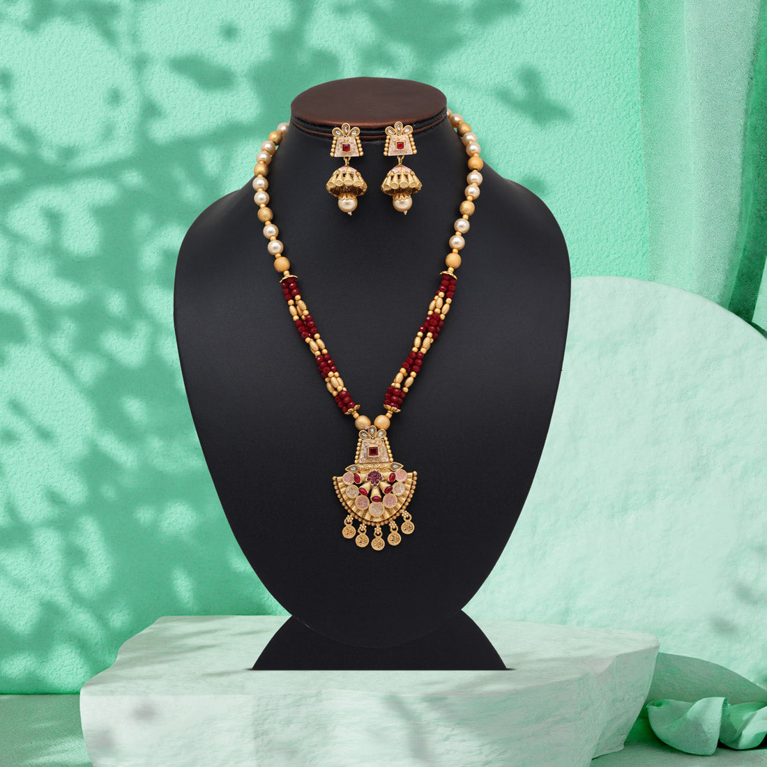 Maroon Color Meena Work Matte Gold Rajwadi Temple Necklace Set (TPLN675MRN) Jewellery GetGlit