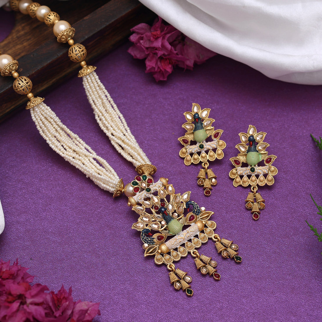 Multi Color Matte Gold Rajwadi Temple Necklace Set (TPLN676MLT) Jewellery GetGlit