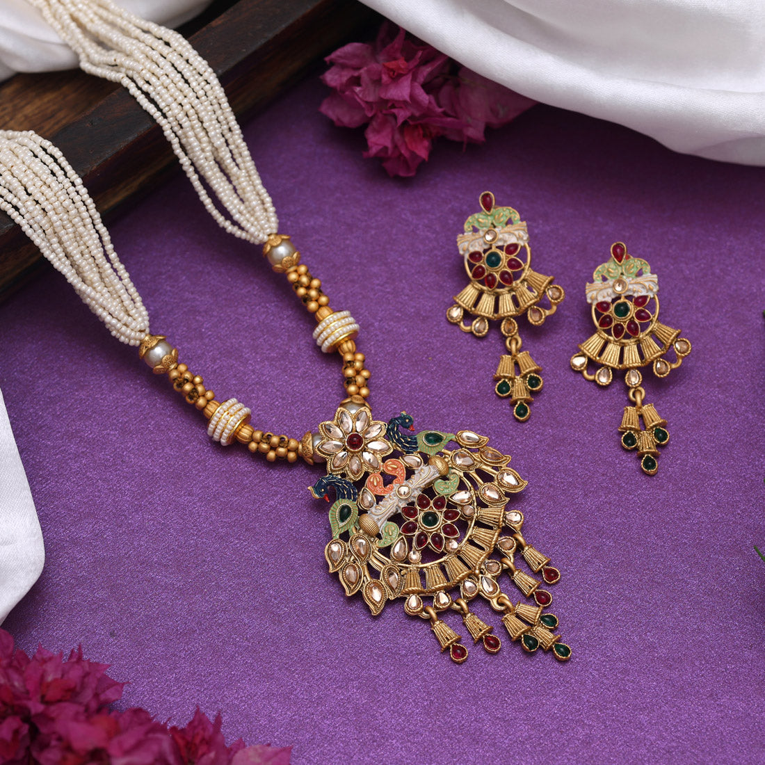 Multi Color Matte Gold Rajwadi Temple Necklace Set (TPLN677MLT)