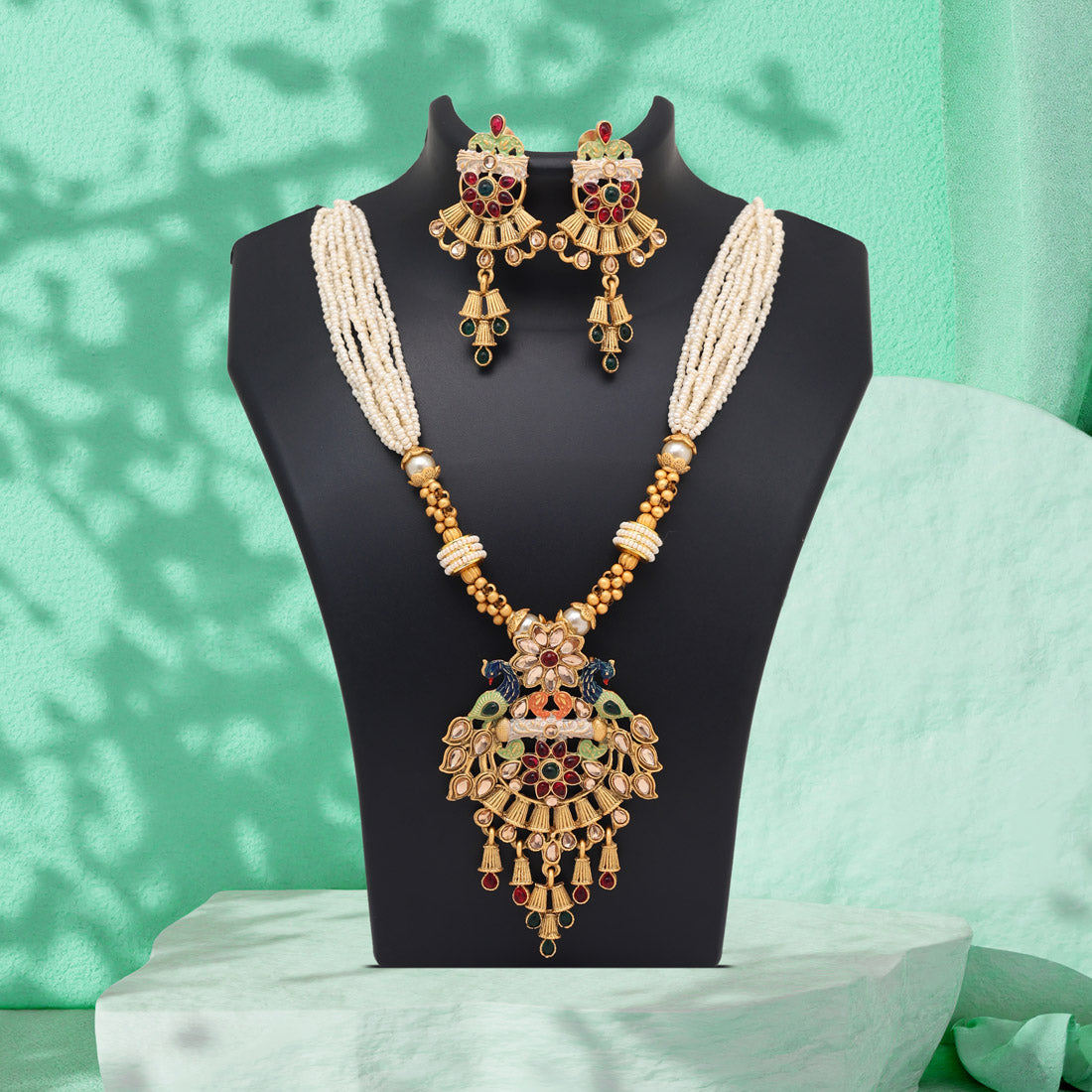 Multi Color Matte Gold Rajwadi Temple Necklace Set (TPLN677MLT) Jewellery GetGlit