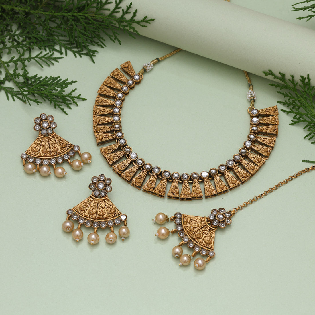 Gold Color Matte Gold Rajwadi Temple Necklace Set (TPLN678GLD) Jewellery GetGlit