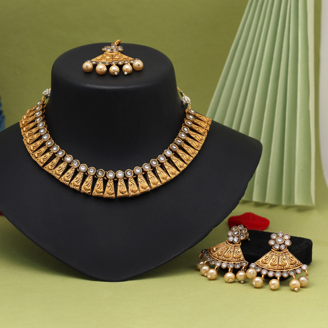 Gold Color Matte Gold Rajwadi Temple Necklace Set (TPLN678GLD)