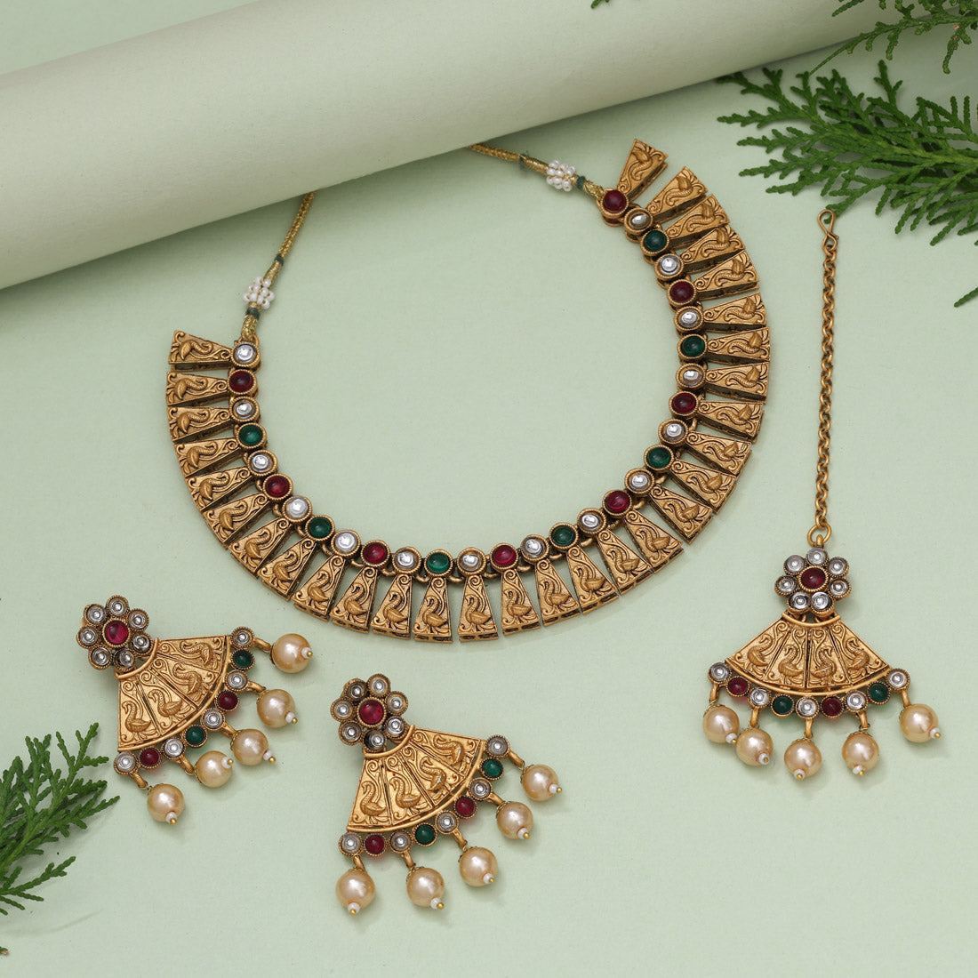 Rani & Green Color Matte Gold Rajwadi Temple Necklace Set (TPLN678RNIGRN) Jewellery GetGlit