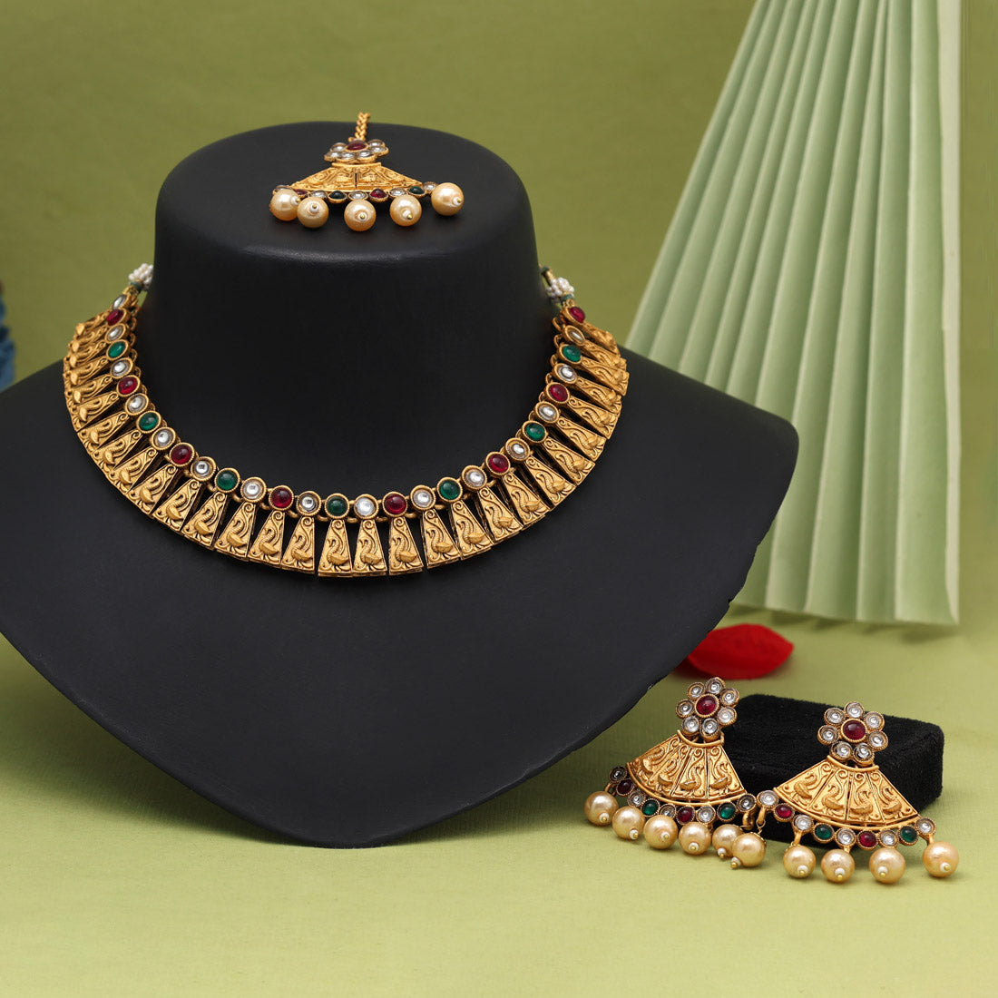 Rani & Green Color Matte Gold Rajwadi Temple Necklace Set (TPLN678RNIGRN) Jewellery GetGlit