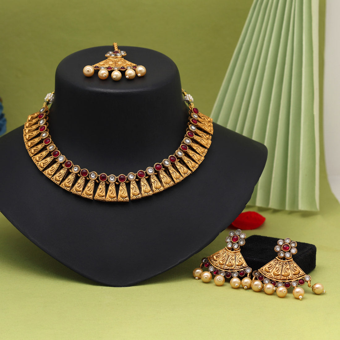 Rani Color Matte Gold Rajwadi Temple Necklace Set (TPLN678RNI)