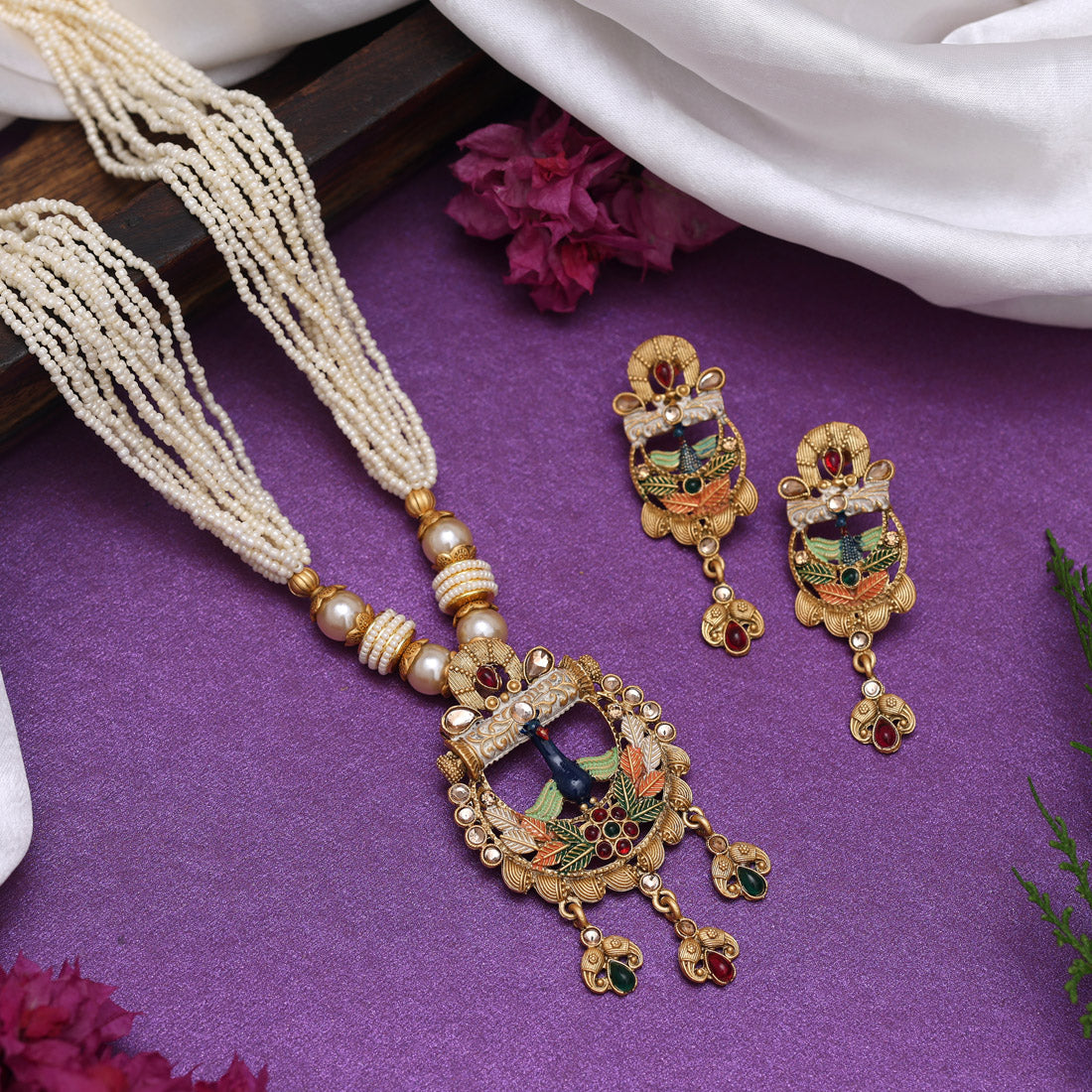 Multi Color Matte Gold Rajwadi Temple Necklace Set (TPLN679MLT)