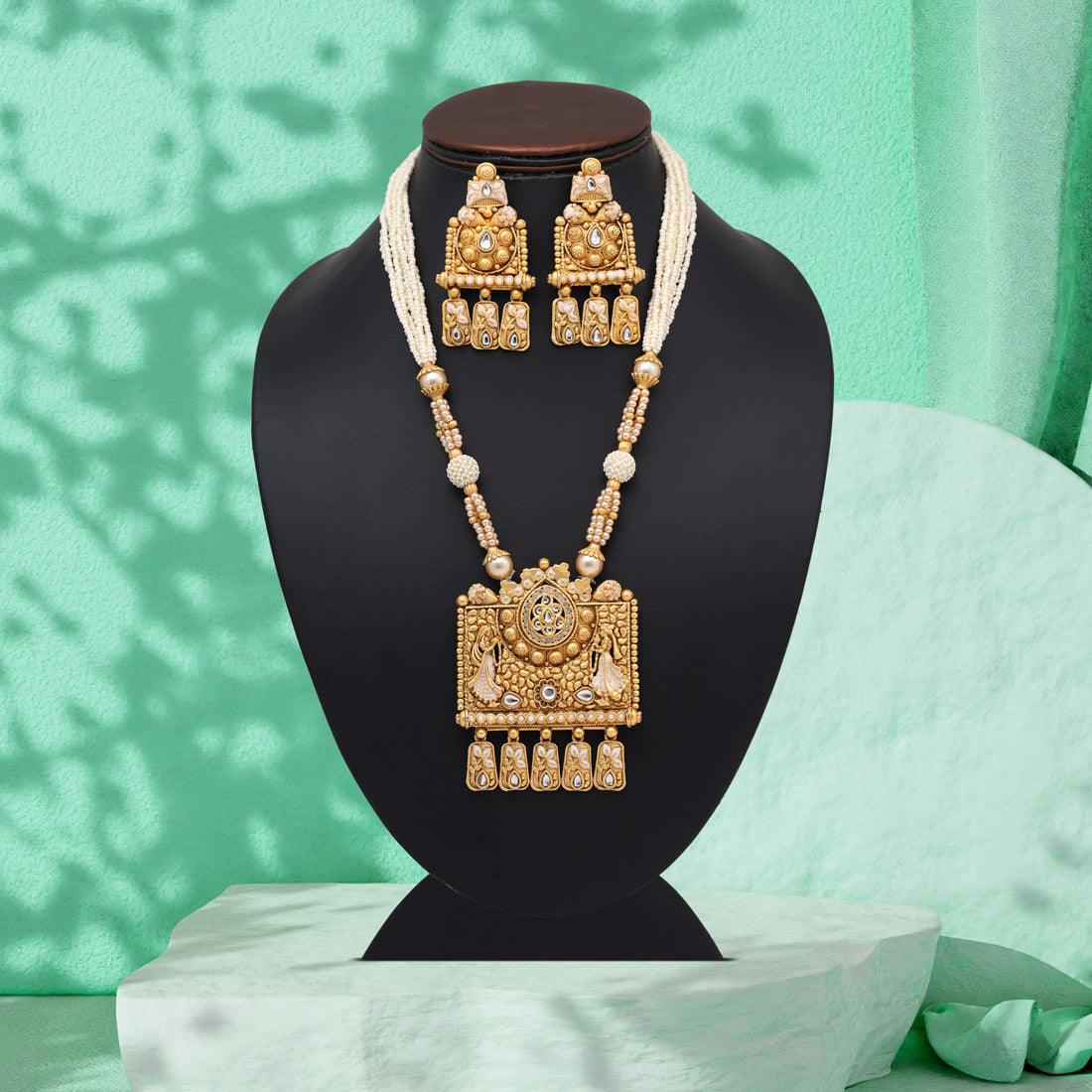 Gold Color Matte Gold Rajwadi Temple Necklace Set (TPLN683GLD) Jewellery GetGlit