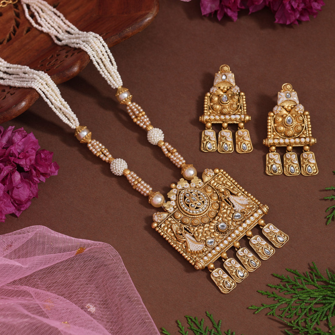 Gold Color Matte Gold Rajwadi Temple Necklace Set (TPLN683GLD) Jewellery GetGlit