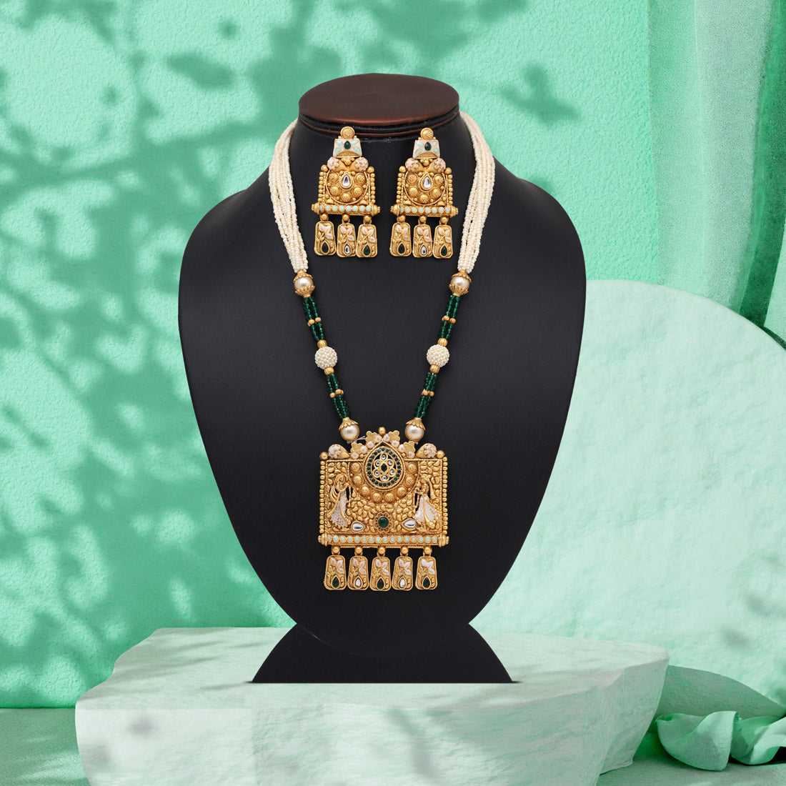 Green Color Matte Gold Rajwadi Temple Necklace Set (TPLN683GRN)