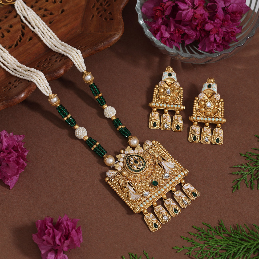 Green Color Matte Gold Rajwadi Temple Necklace Set (TPLN683GRN) Jewellery GetGlit