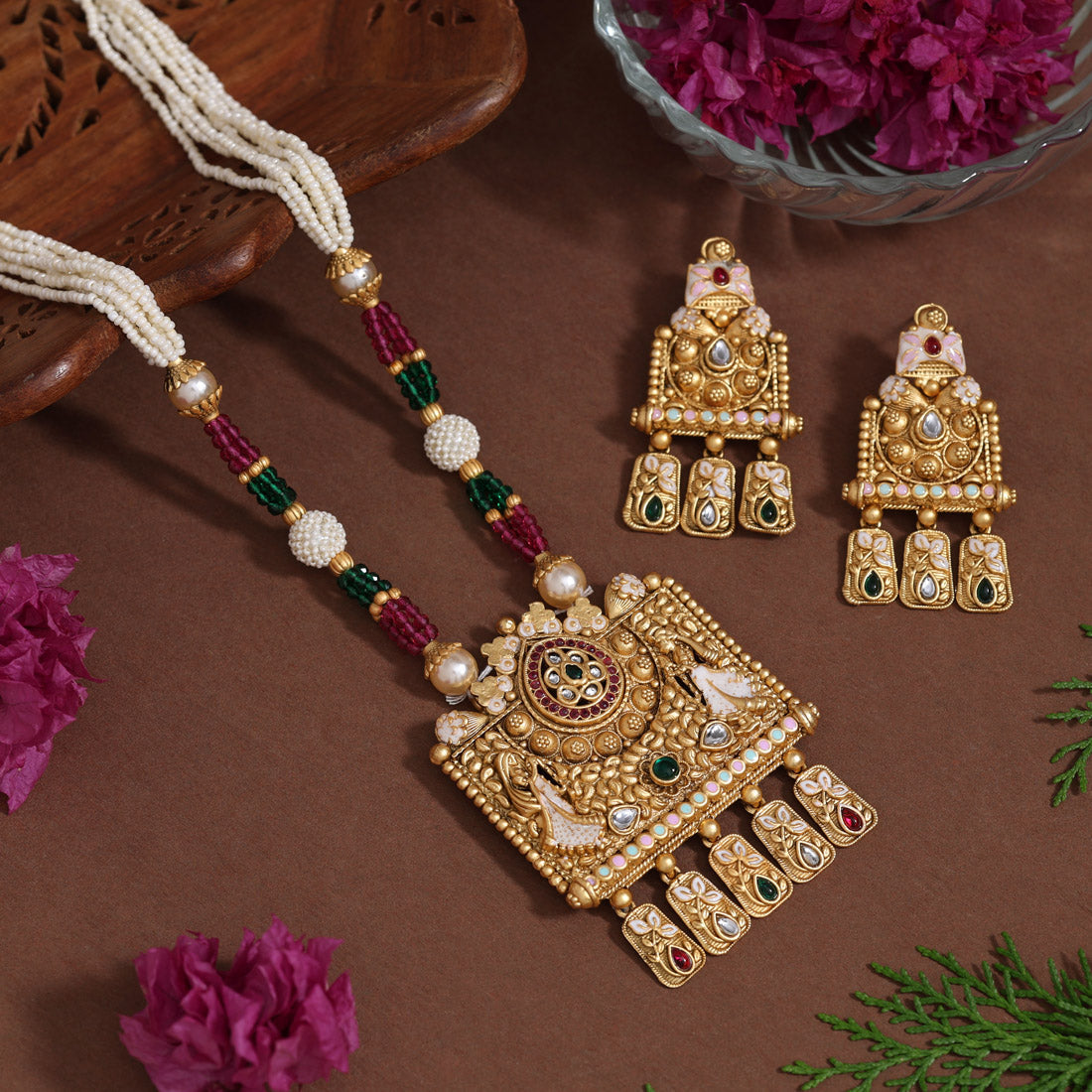 Multi Color Matte Gold Rajwadi Temple Necklace Set (TPLN683MLT) Jewellery GetGlit