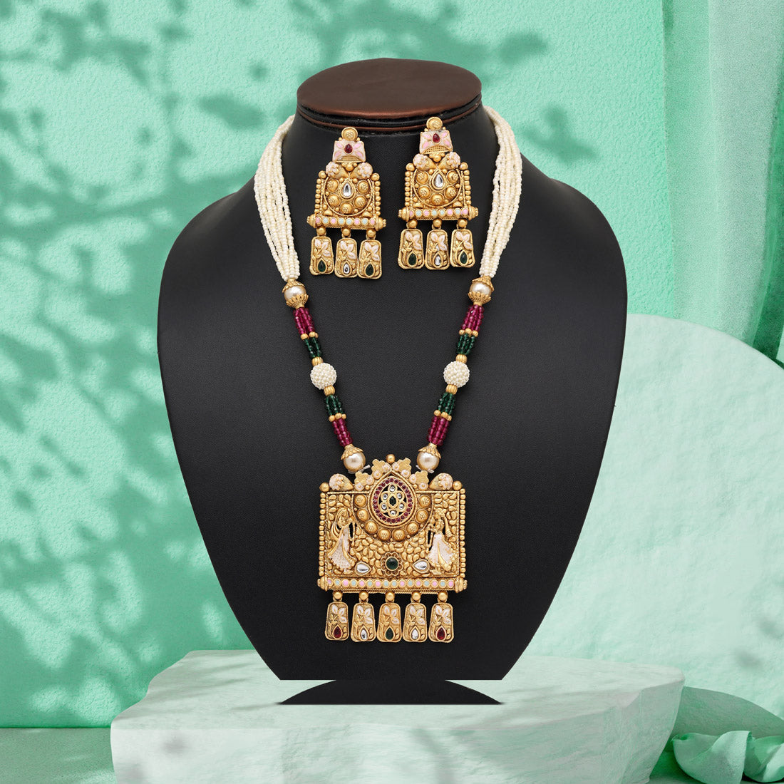 Multi Color Matte Gold Rajwadi Temple Necklace Set (TPLN683MLT) Jewellery GetGlit