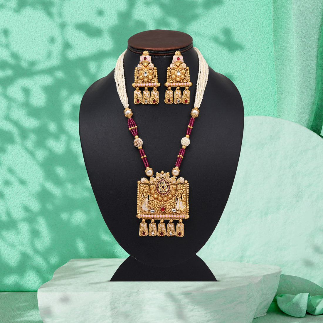 Rani Color Matte Gold Rajwadi Temple Necklace Set (TPLN683RNI) Jewellery GetGlit