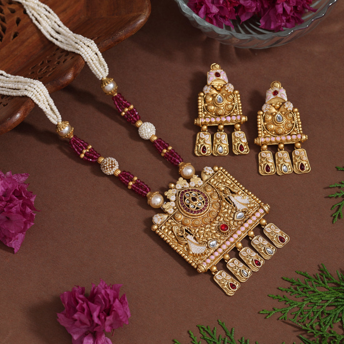 Rani Color Matte Gold Rajwadi Temple Necklace Set (TPLN683RNI) Jewellery GetGlit