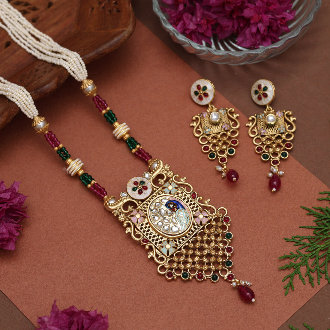 Rani & Green Color Matte Gold Rajwadi Temple Necklace Set (TPLN684RNIGRN) Jewellery GetGlit