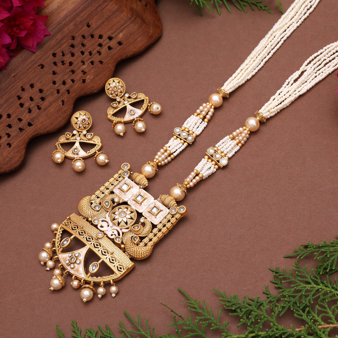 Gold Color Meena Work Matte Gold Rajwadi Temple Necklace Set (TPLN687GLD)