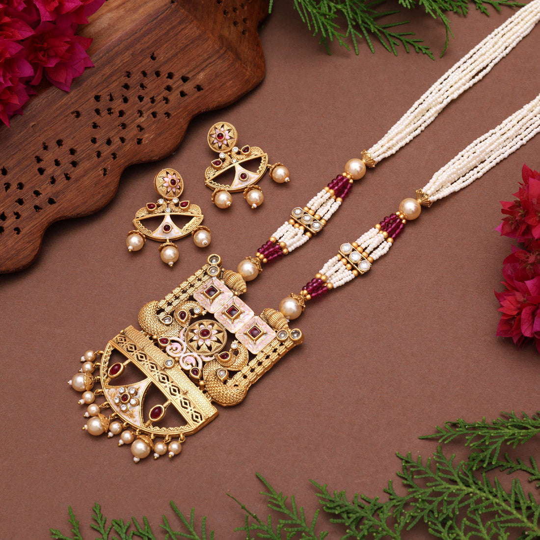 Rani Color Meena Work Matte Gold Rajwadi Temple Necklace Set (TPLN687RNI) Jewellery GetGlit