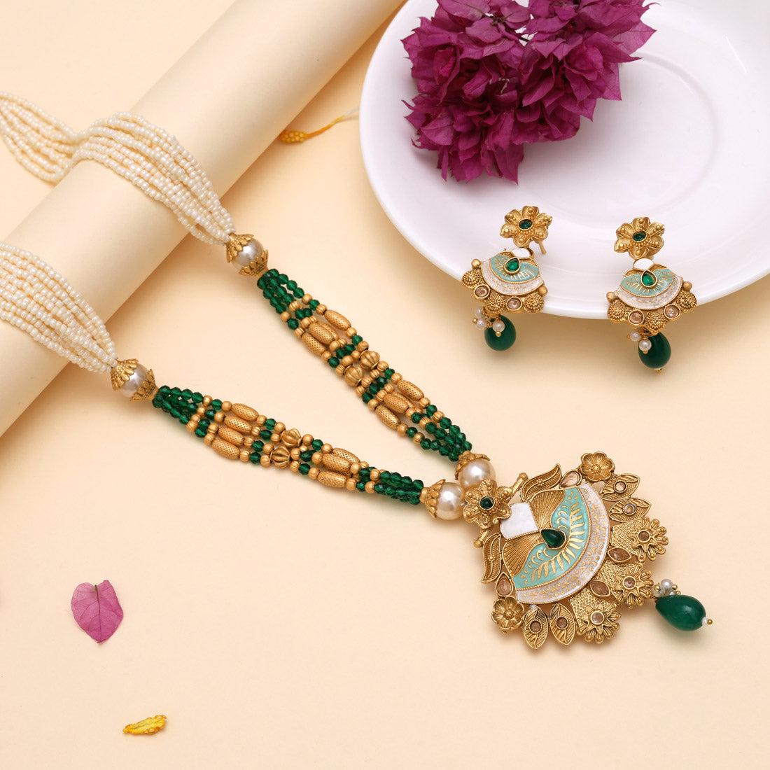 Green Color Meena Work Matte Gold Rajwadi Temple Necklace Set (TPLN688GRN) Jewellery GetGlit