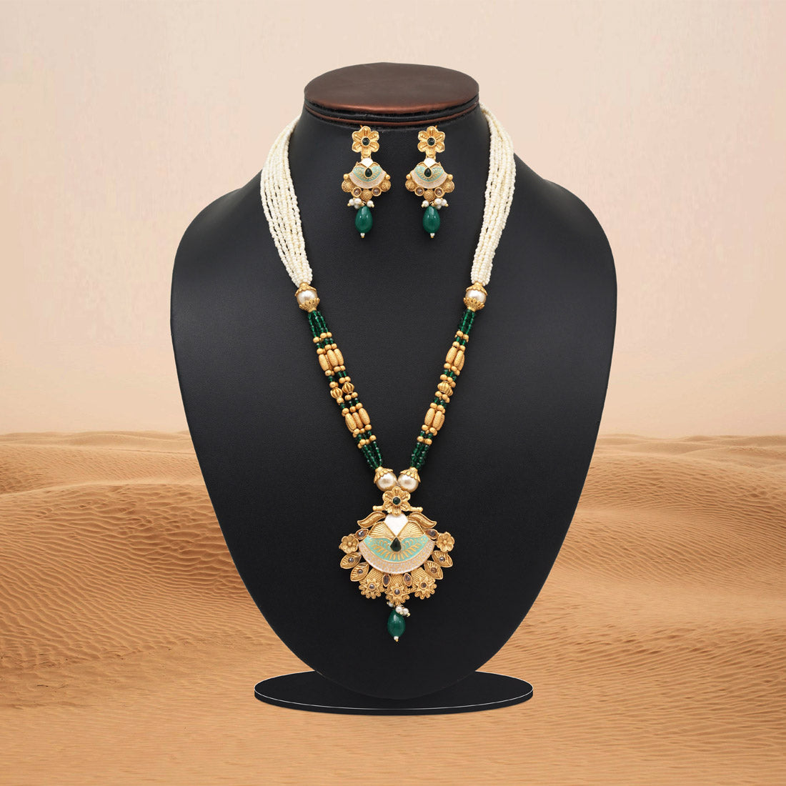 Green Color Meena Work Matte Gold Rajwadi Temple Necklace Set (TPLN688GRN) Jewellery GetGlit