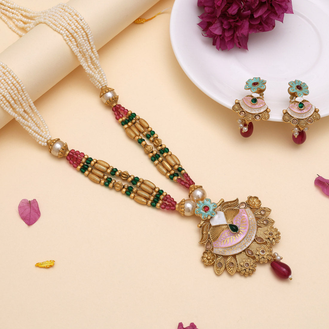 Rani & Green Color Meena Work Matte Gold Rajwadi Temple Necklace Set (TPLN688RNIGRN) Jewellery GetGlit