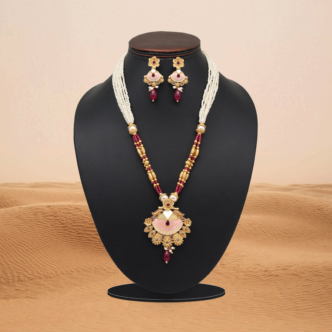 Rani Color Meena Work Matte Gold Rajwadi Temple Necklace Set (TPLN688RNI) Jewellery GetGlit