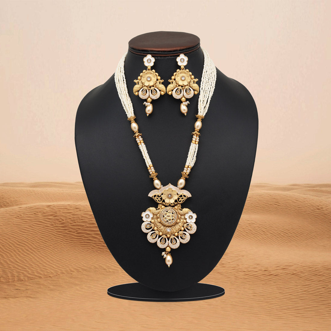 Gold Color Meena Work Matte Gold Rajwadi Temple Necklace Set (TPLN689GLD) Jewellery GetGlit