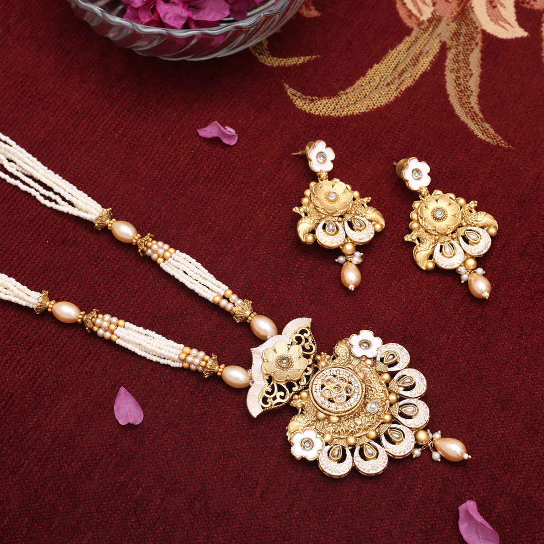 Gold Color Meena Work Matte Gold Rajwadi Temple Necklace Set (TPLN689GLD) Jewellery GetGlit