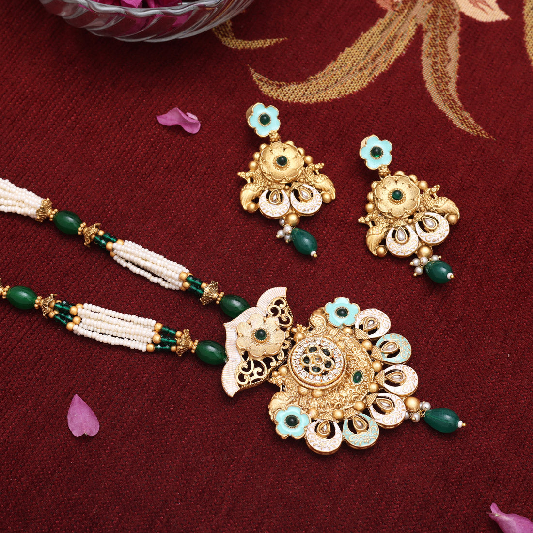 Green Color Meena Work Matte Gold Rajwadi Temple Necklace Set (TPLN689GRN) Jewellery GetGlit