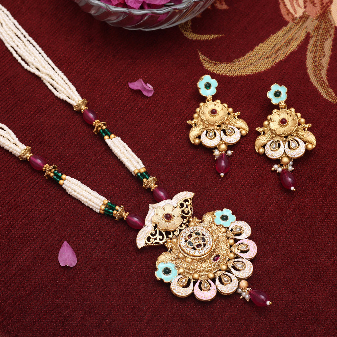 Multi Color Meena Work Matte Gold Rajwadi Temple Necklace Set (TPLN689MLT) Jewellery GetGlit