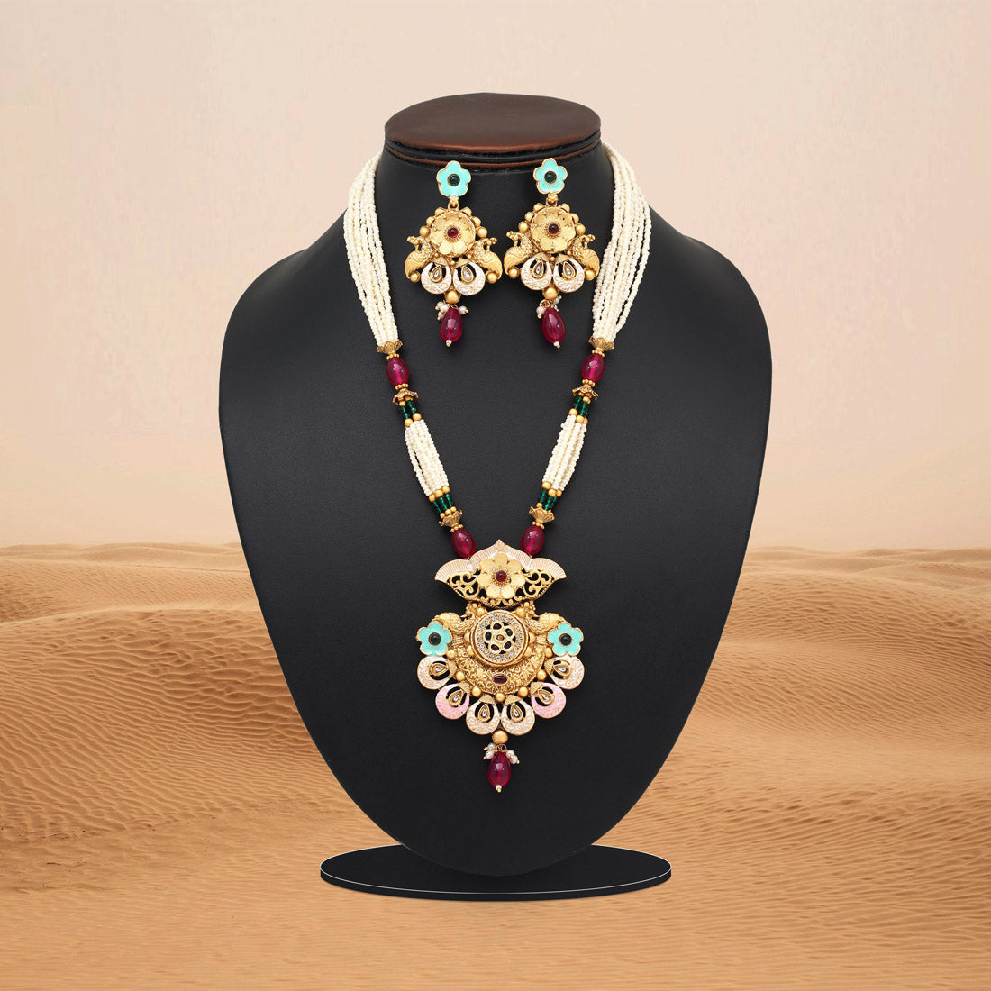 Multi Color Meena Work Matte Gold Rajwadi Temple Necklace Set (TPLN689MLT) Jewellery GetGlit