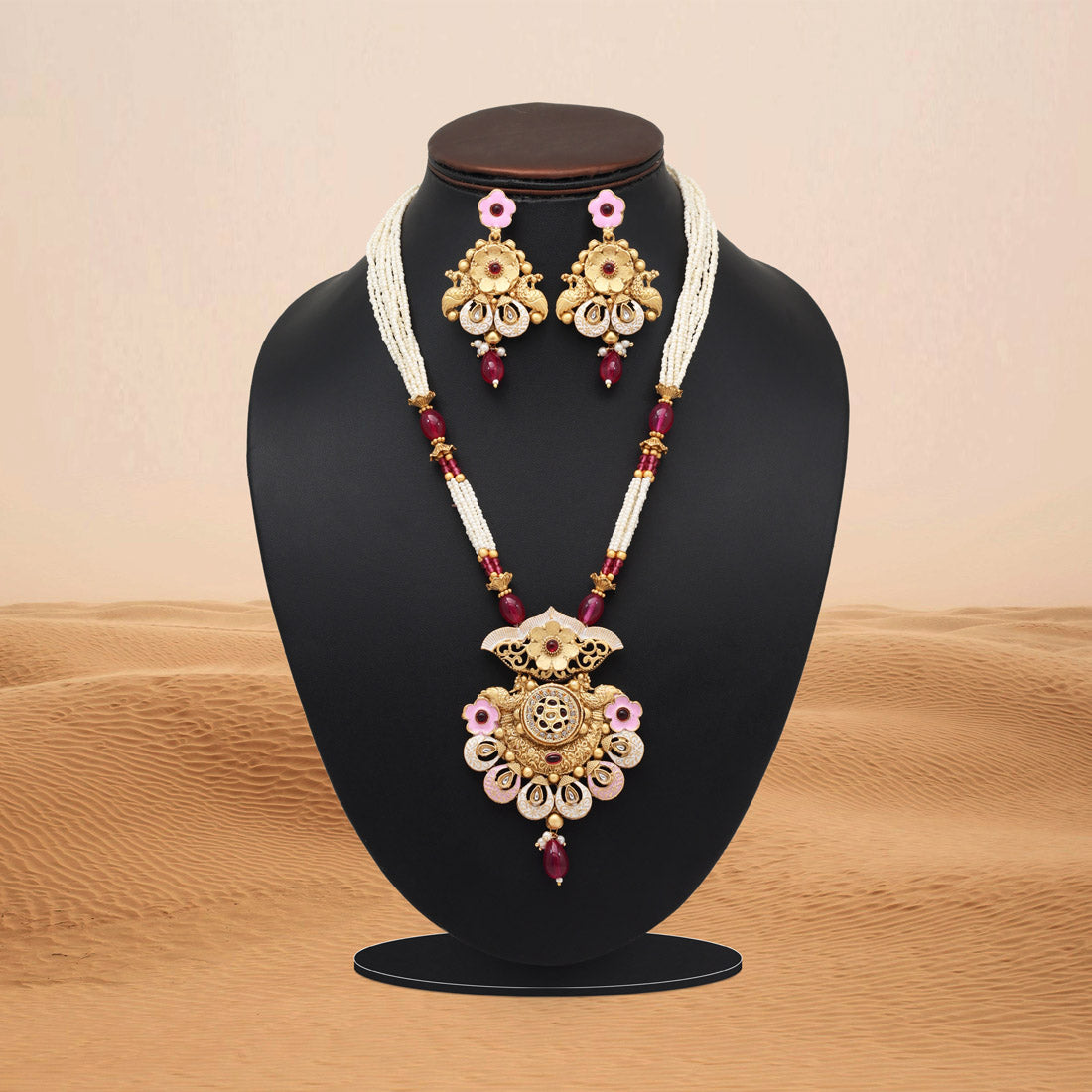 Rani Color Meena Work Matte Gold Rajwadi Temple Necklace Set (TPLN689RNI)