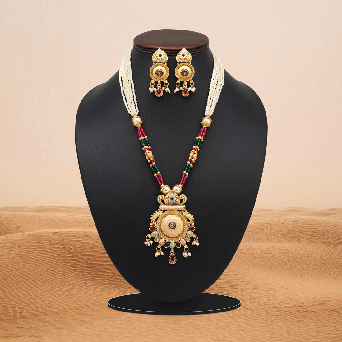 Rani & Green Color Meena Work Matte Gold Rajwadi Temple Necklace Set (TPLN690RNIGRN) Jewellery GetGlit