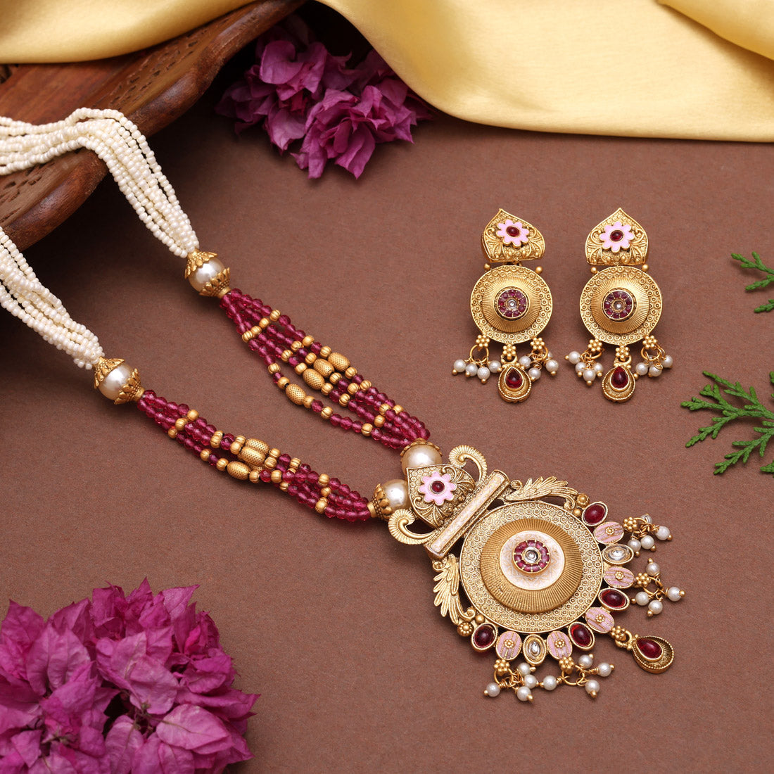 Rani Color Meena Work Matte Gold Rajwadi Temple Necklace Set (TPLN690RNI) Jewellery GetGlit