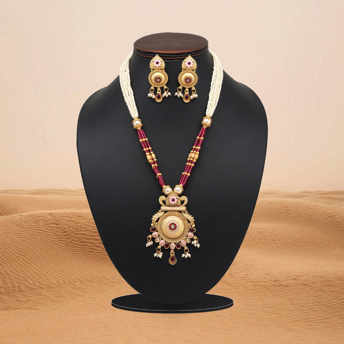 Rani Color Meena Work Matte Gold Rajwadi Temple Necklace Set (TPLN690RNI)