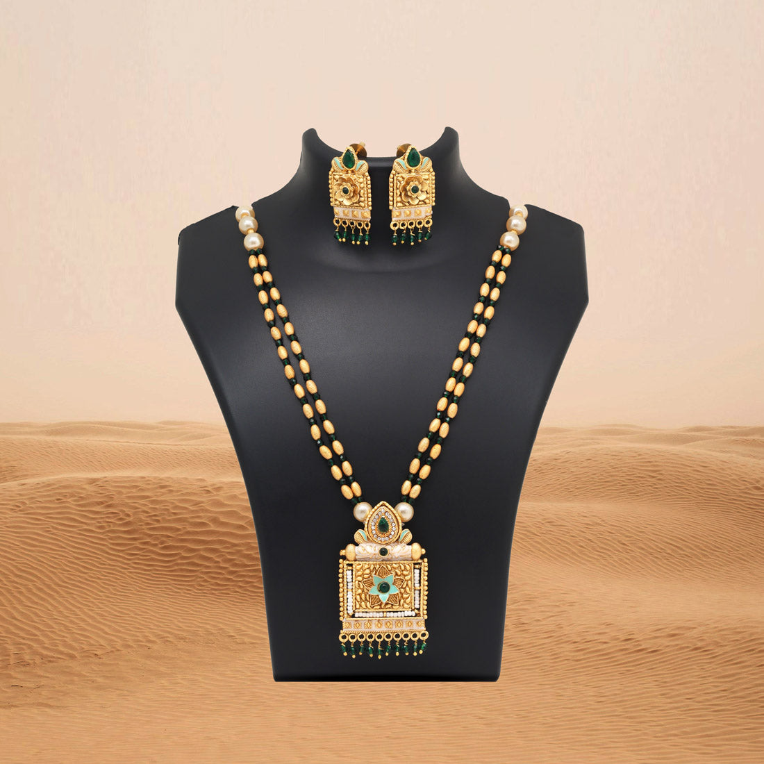 Green Color Meena Work Matte Gold Rajwadi Temple Necklace Set (TPLN691GRN) Jewellery GetGlit