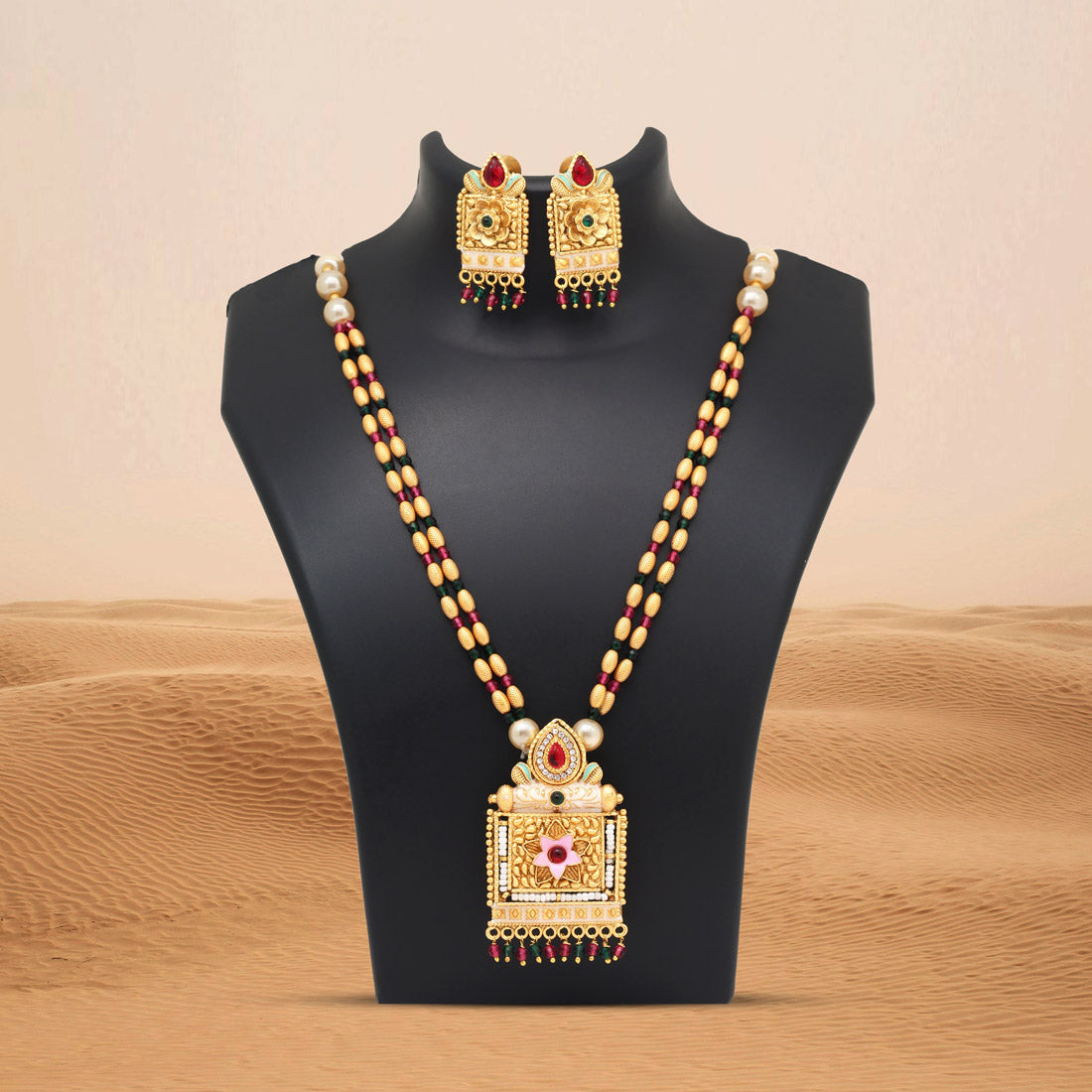 Multi Color Meena Work Matte Gold Rajwadi Temple Necklace Set (TPLN691MLT) Jewellery GetGlit