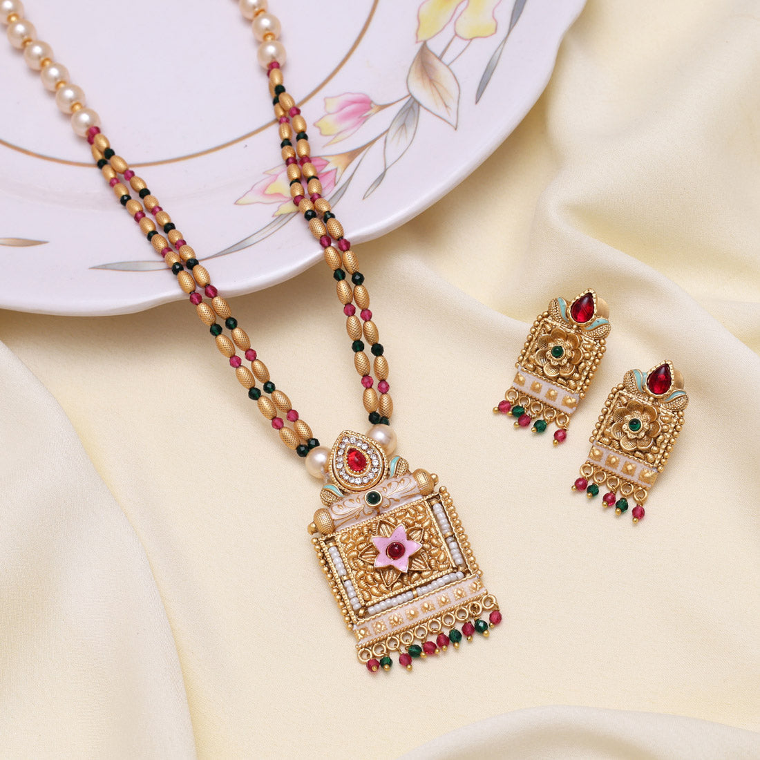 Multi Color Meena Work Matte Gold Rajwadi Temple Necklace Set (TPLN691MLT) Jewellery GetGlit