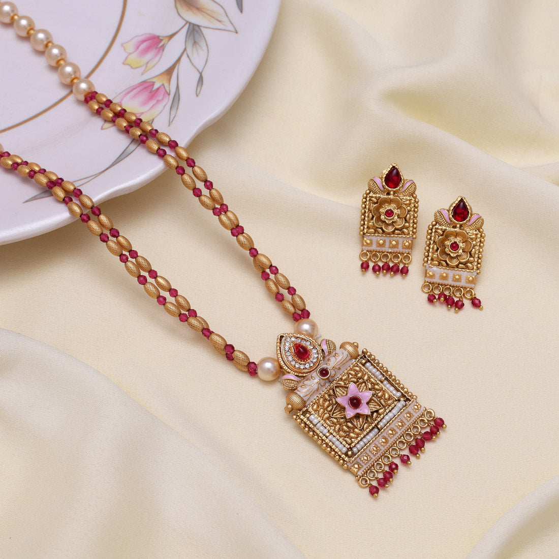 Rani Color Meena Work Matte Gold Rajwadi Temple Necklace Set (TPLN691RNI) Jewellery GetGlit