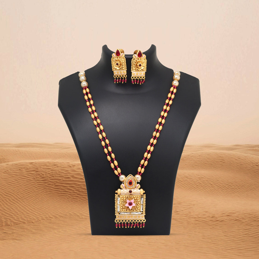 Rani Color Meena Work Matte Gold Rajwadi Temple Necklace Set (TPLN691RNI)