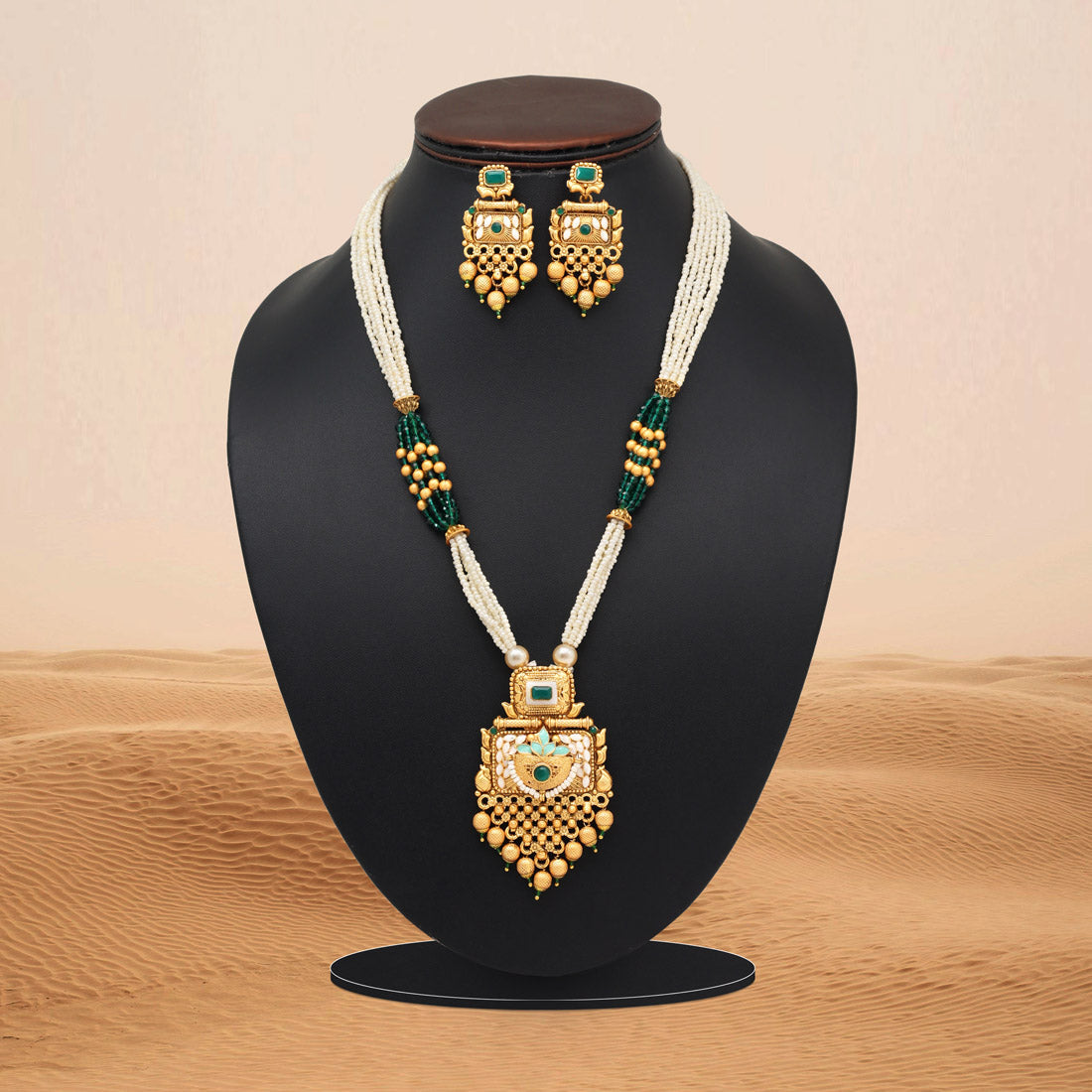 Green Color Meena Work Matte Gold Rajwadi Temple Necklace Set (TPLN692GRN) Jewellery GetGlit