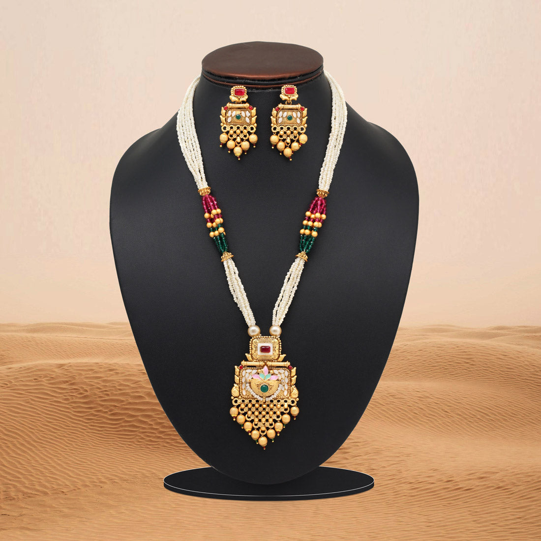 Rani & Green Color Meena Work Matte Gold Rajwadi Temple Necklace Set (TPLN692RNIGRN)